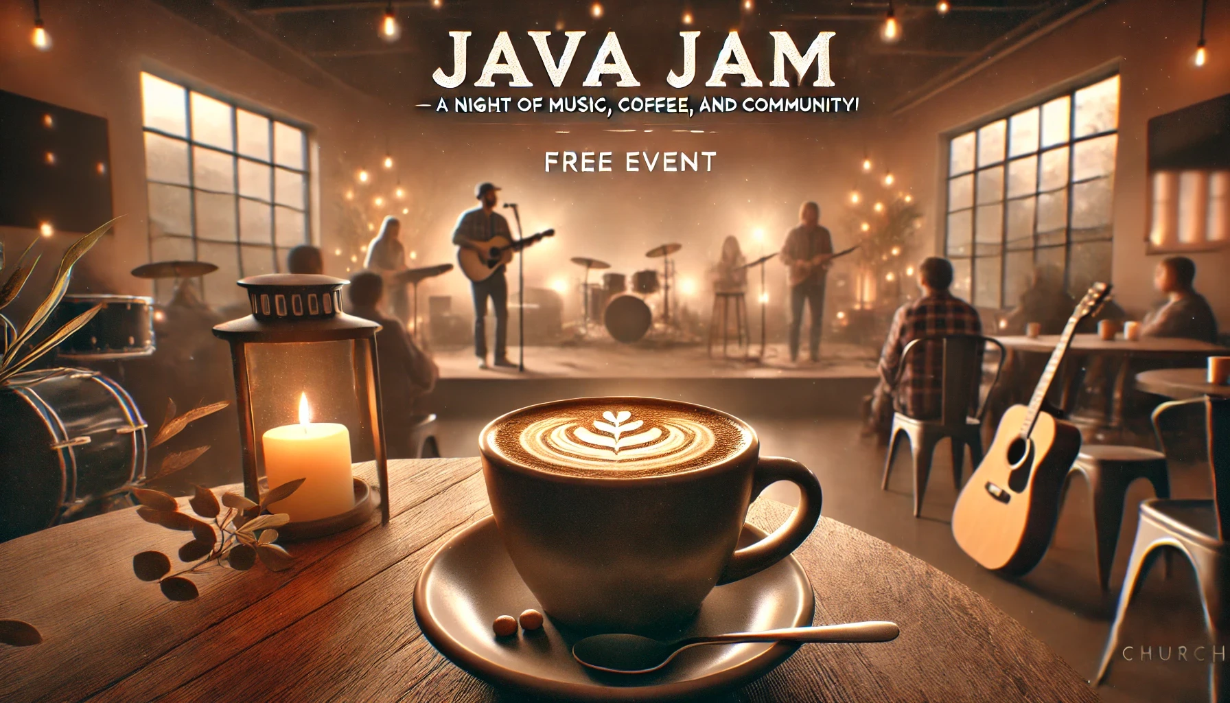 Stylized picture of worship band playing on New Covenant stage, a cup of coffee with cream sitting on a table in the middle, with people watching from the sides.
